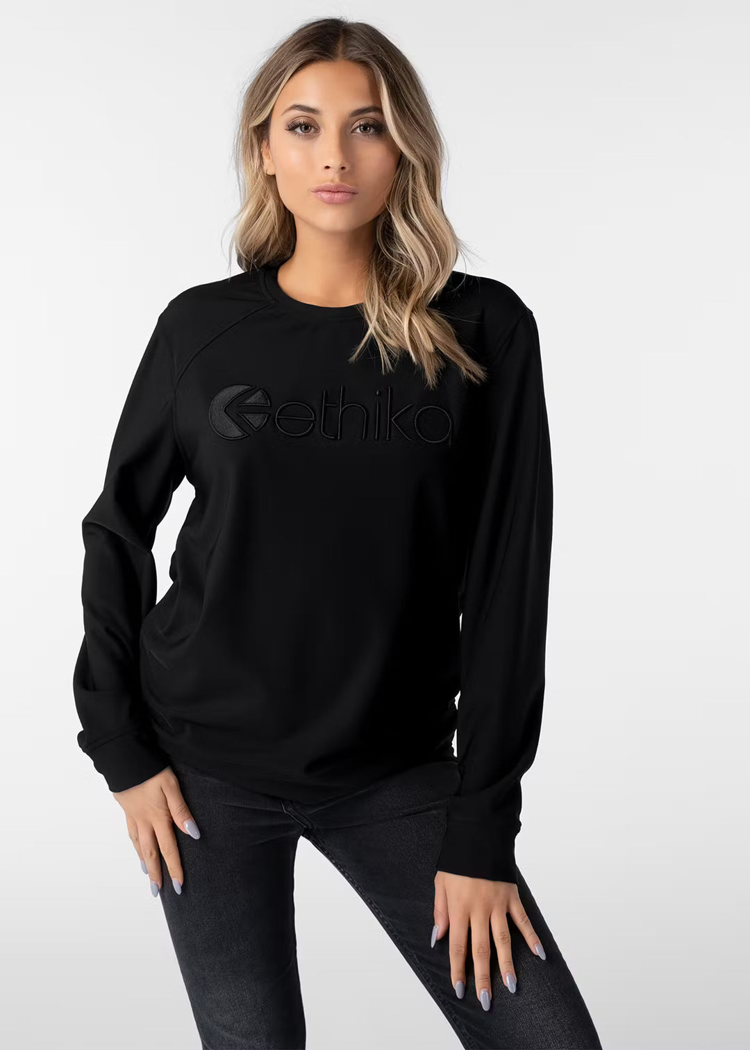 Womens Premium Embroidered Crew Neck - Black